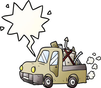 cartoon old truck full of junk with speech bubble in smooth gradient style png