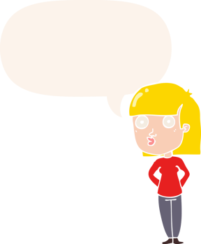 cartoon woman staring with speech bubble in retro style png