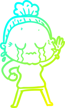 cold gradient line drawing of a cartoon old woman crying and waving png