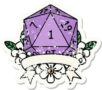 grunge sticker of a natural one d20 dice roll png