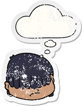 cartoon face with hair over eyes with thought bubble as a distressed worn sticker png