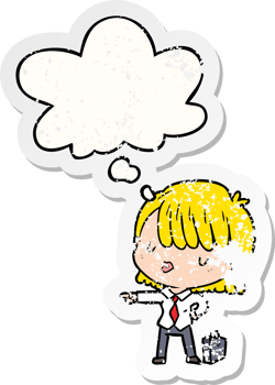 cartoon efficient businesswoman with thought bubble as a distressed worn sticker png