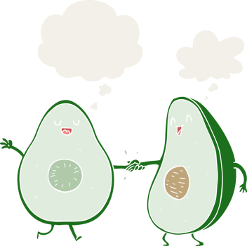 cartoon dancing avocados with thought bubble in retro style png