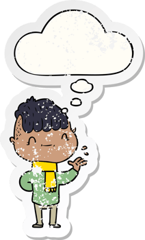 cartoon friendly boy with thought bubble as a distressed worn sticker png