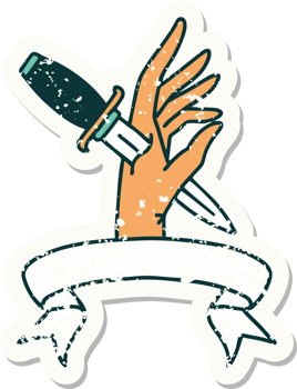 grunge sticker with banner of a dagger in the hand png