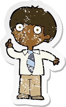 retro distressed sticker of a cartoon school boy with question png