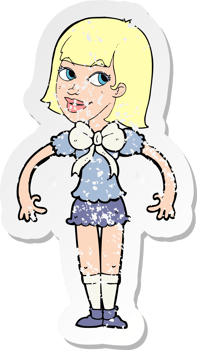 retro distressed sticker of a cartoon woman wearing a big bow tie png