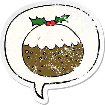 cartoon christmas pudding and speech bubble distressed sticker png