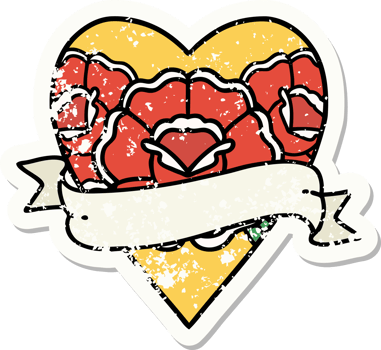 traditional distressed sticker tattoo of a heart and banner with flowers png