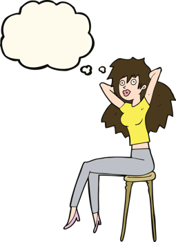 cartoon woman posing on stool with thought bubble png