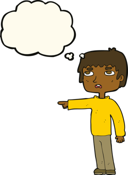 cartoon boy pointing with thought bubble png