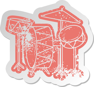 distressed old sticker of a drum kit png