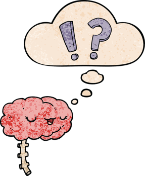 cartoon curious brain and thought bubble in grunge texture pattern style png