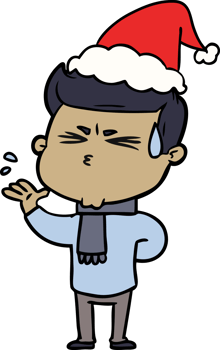 hand drawn line drawing of a man sweating wearing santa hat png