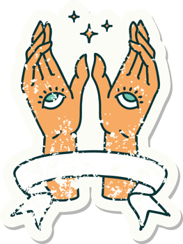 worn old sticker with banner of mystic hands png
