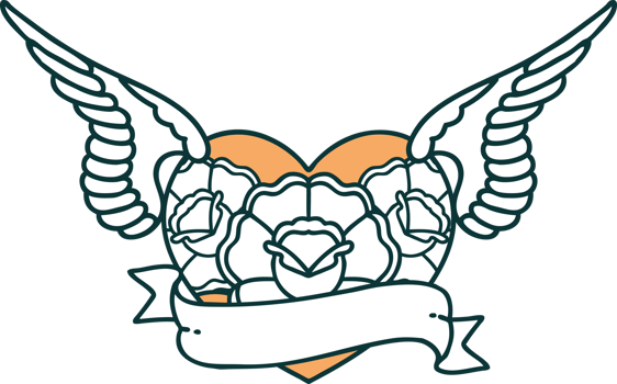 iconic tattoo style image of a flying heart with flowers and banner png