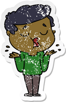 distressed sticker of a cartoon man talking and shrugging shoulders png