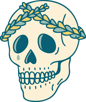 iconic tattoo style image of a skull with laurel wreath crown png