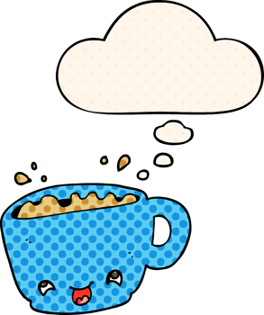 cartoon cup of coffee with thought bubble in comic book style png