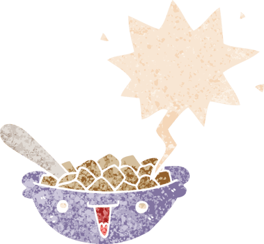 cute cartoon bowl of cereal with speech bubble in grunge distressed retro textured style png