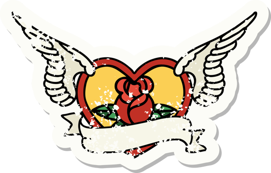 distressed sticker tattoo in traditional style of a flying heart with flowers and banner png