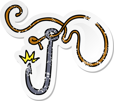 distressed sticker cartoon doodle of a sharp fishing hook png