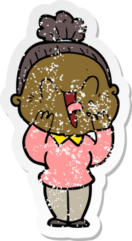 distressed sticker of a cartoon happy old woman png