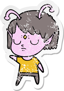 distressed sticker of a cartoon alien girl png