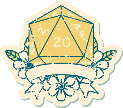 Retro Tattoo Style natural 20 critical hit D20 dice roll png