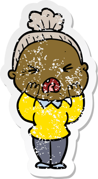 distressed sticker of a cartoon angry old woman png