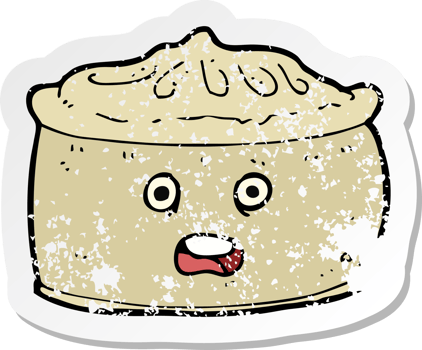 retro distressed sticker of a cartoon pie with face png