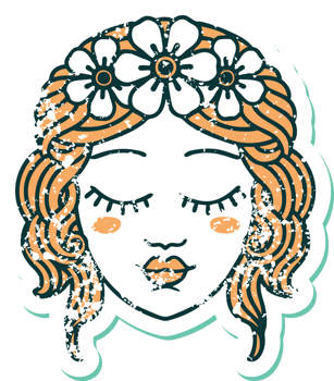 distressed sticker tattoo style icon of female face with eyes closed png