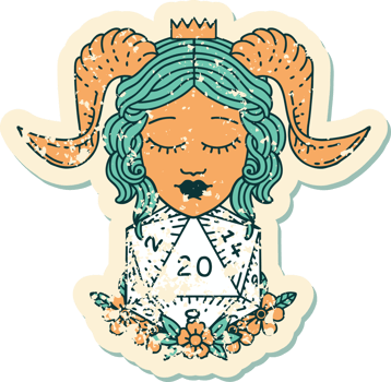 tiefling with natural twenty d20 dice roll grunge sticker png
