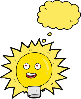 cartoon electric light bulb with thought bubble png