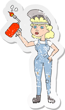 retro distressed sticker of a cartoon woman welding png
