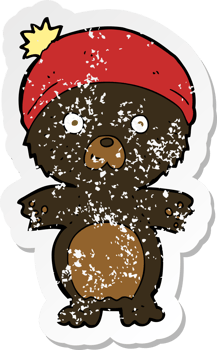 retro distressed sticker of a cartoon cute black bear in hat png