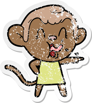 distressed sticker of a crazy cartoon monkey in dress pointing png