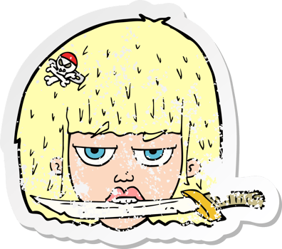 retro distressed sticker of a cartoon woman holding knife between teeth png