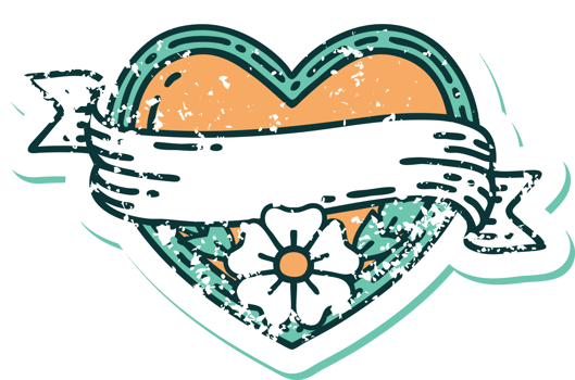 distressed sticker tattoo style icon of a heart and banner with flowers png