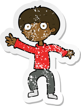 retro distressed sticker of a cartoon boy waving warning png