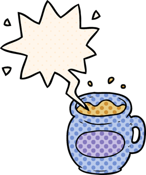 cartoon mug of coffee with speech bubble in comic book style png