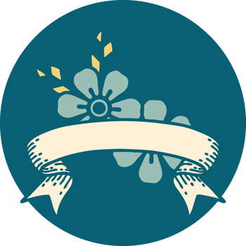 tattoo style icon with banner of flowers png