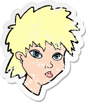 retro distressed sticker of a cartoon curious girl drawing png