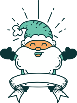 scroll banner with tattoo style happy santa claus christmas character png