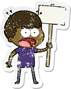 distressed sticker of a cartoon shocked man with placard png