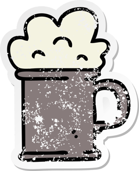 distressed sticker of a quirky hand drawn cartoon tankard of beer png