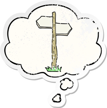 cartoon old direction sign with thought bubble as a distressed worn sticker png