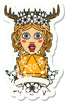 Retro Tattoo Style human druid with natural 20 dice roll png