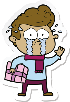 sticker of a cartoon crying man with present png