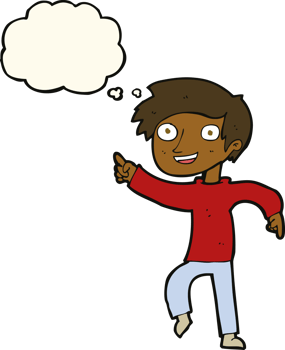 cartoon happy boy pointing with thought bubble png